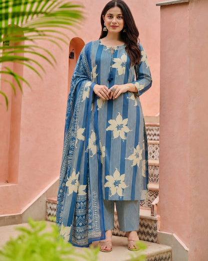 Women's Premium Cotton Floral Print 3-Piece Suit Set (KT-BM003)
