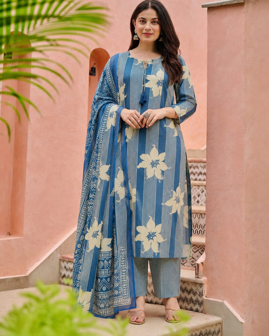 Women's Premium Cotton Floral Print 3-Piece Suit Set (KT-BM003)