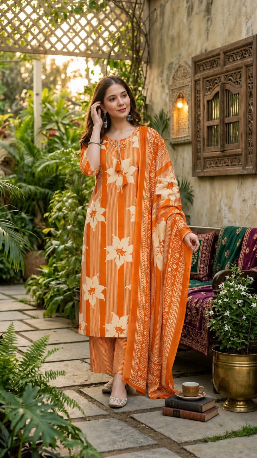 Women's Premium Cotton Floral Print 3-Piece Suit Set (KT-BM003)
