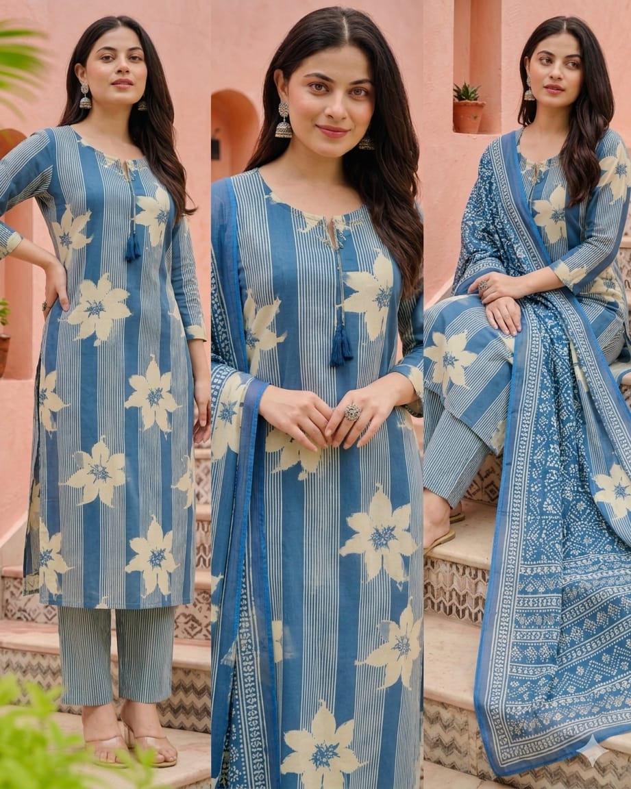 Women's Premium Cotton Floral Print 3-Piece Suit Set (KT-BM003)