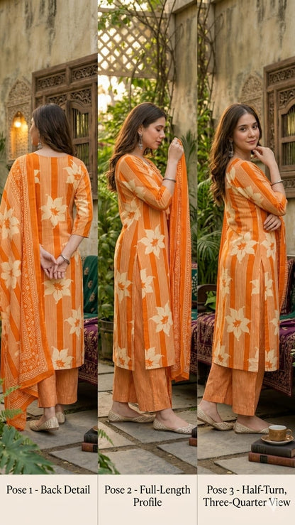 Women's Premium Cotton Floral Print 3-Piece Suit Set (KT-BM003)