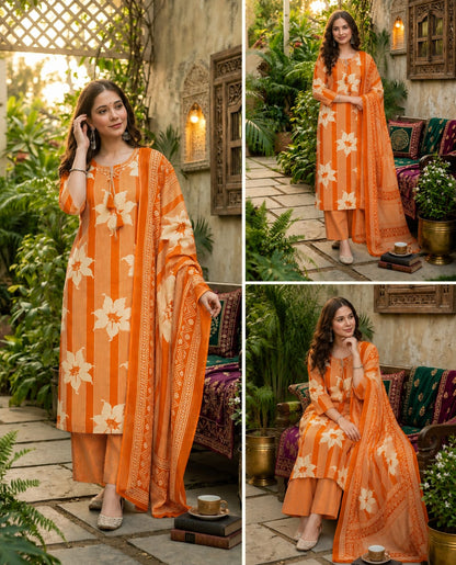 Women's Premium Cotton Floral Print 3-Piece Suit Set (KT-BM003)