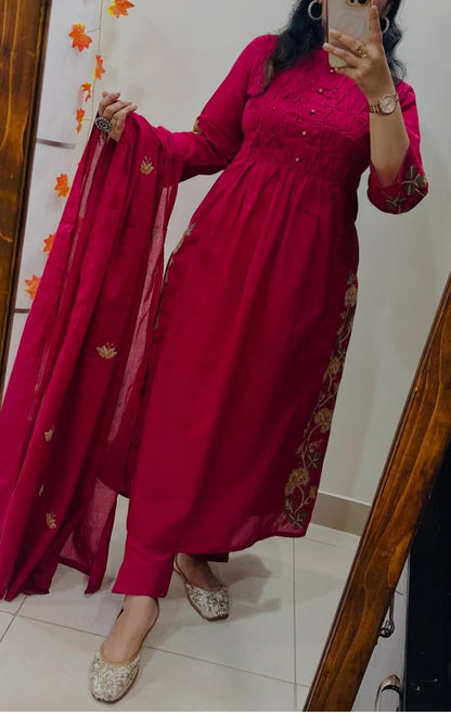 Premium Straight Kurta Pant Set with Machine Embroidery and Soft Dupatta (MAD001)
