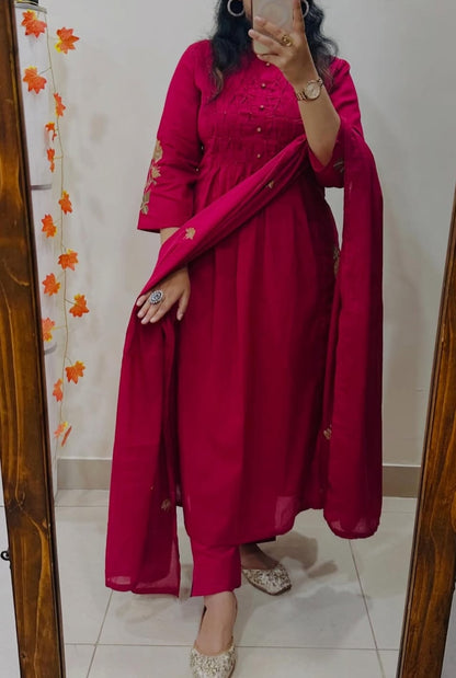 Premium Straight Kurta Pant Set with Machine Embroidery and Soft Dupatta (MAD001)