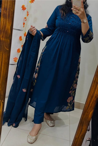 Premium Straight Kurta Pant Set with Machine Embroidery and Soft Dupatta (MAD001)