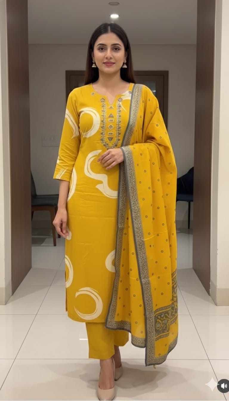New Collection Heavy Cotton Kurti Pant Dupatta Set for Women (AJMD05)