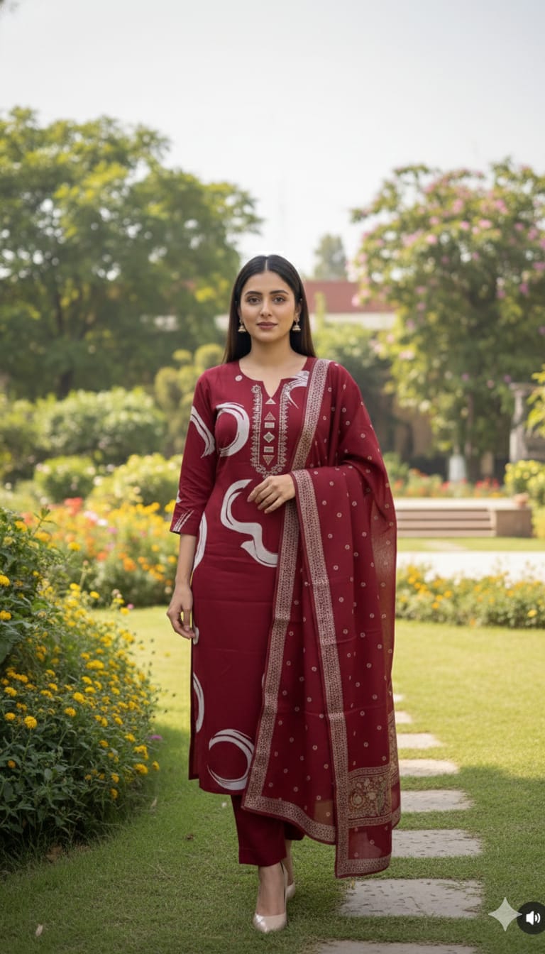 New Collection Heavy Cotton Kurti Pant Dupatta Set for Women (AJMD05)