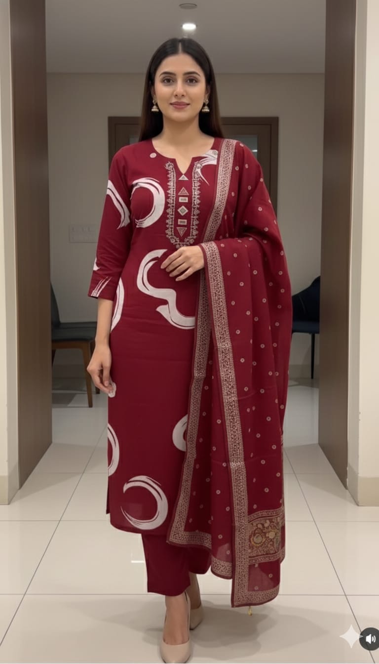 New Collection Heavy Cotton Kurti Pant Dupatta Set for Women (AJMD05)