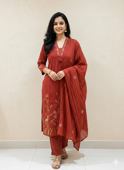 Premium Quality Heavy Cotton Kurti Pant Dupatta Set Collection (AJMD04)