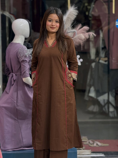 Premium Pure Cotton Embroidered Suit Set with Dupatta and Pockets (AJMD03)