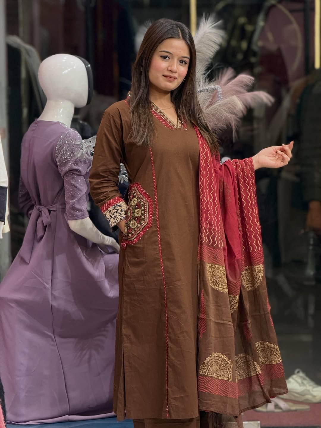 Premium Pure Cotton Embroidered Suit Set with Dupatta and Pockets (AJMD03)