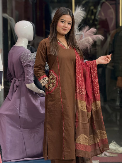 Premium Pure Cotton Embroidered Suit Set with Dupatta and Pockets (AJMD03)