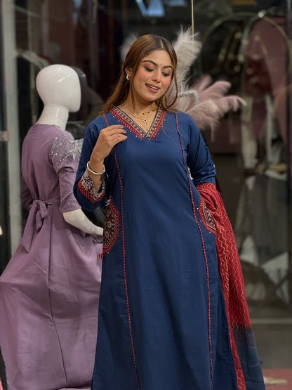 Premium Pure Cotton Embroidered Suit Set with Dupatta and Pockets (AJMD03)