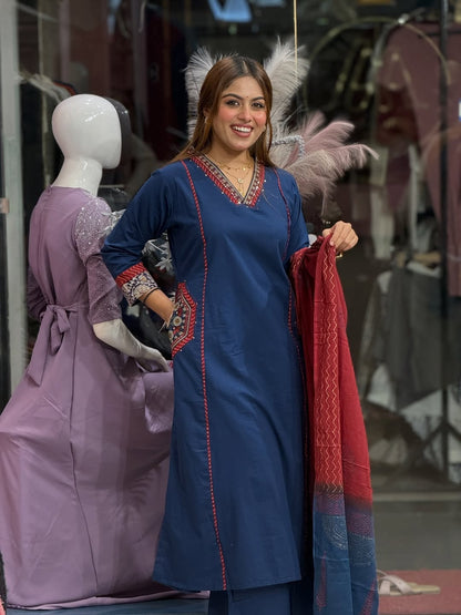 Premium Pure Cotton Embroidered Suit Set with Dupatta and Pockets (AJMD03)