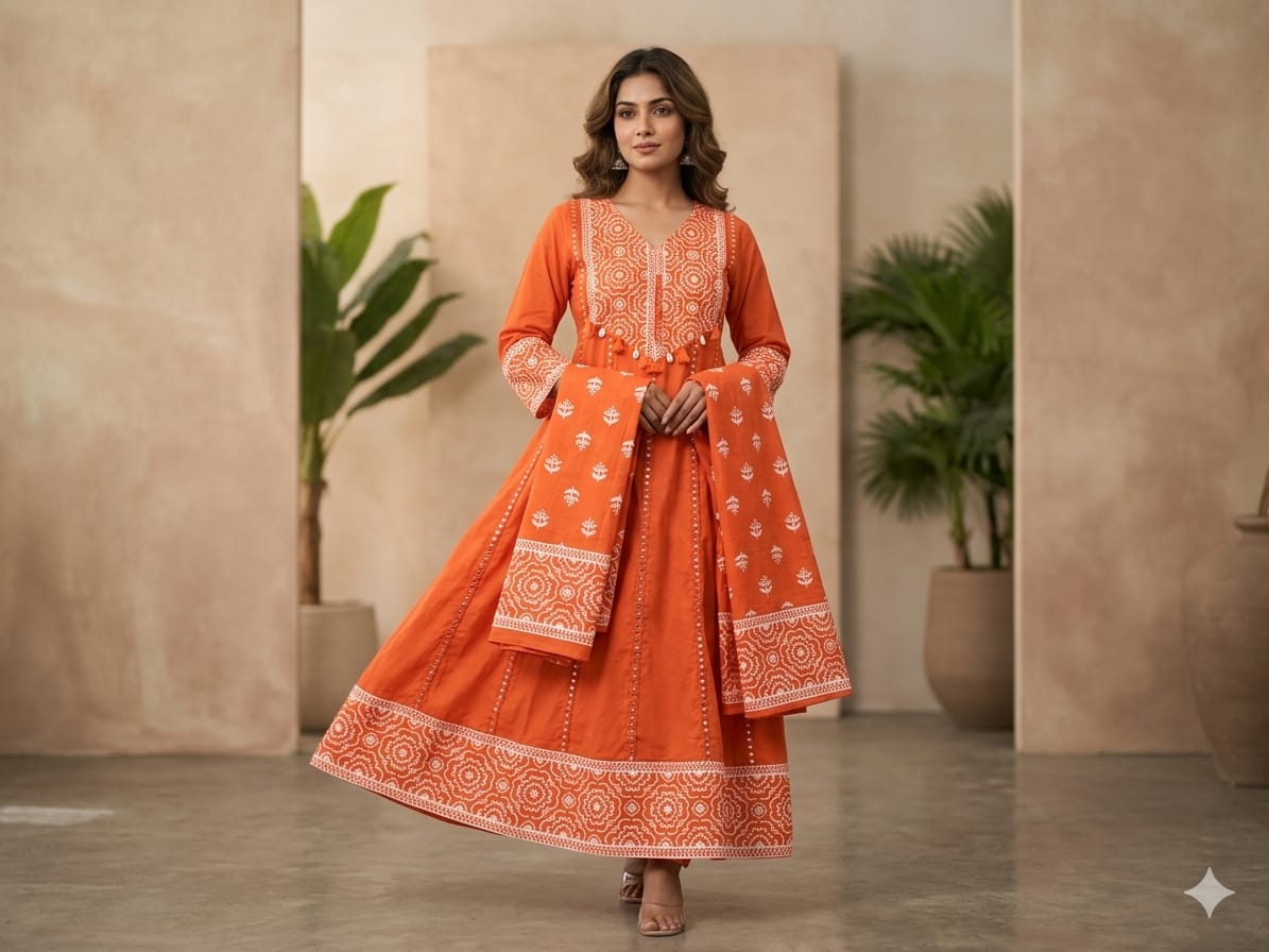 Elegant Printed Cotton Anarkali Kurta Pant Dupatta Set with Sequence Work (AJMD02)