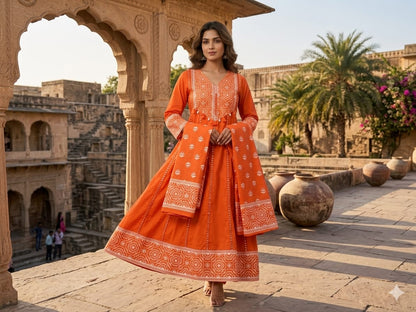 Elegant Printed Cotton Anarkali Kurta Pant Dupatta Set with Sequence Work (AJMD02)