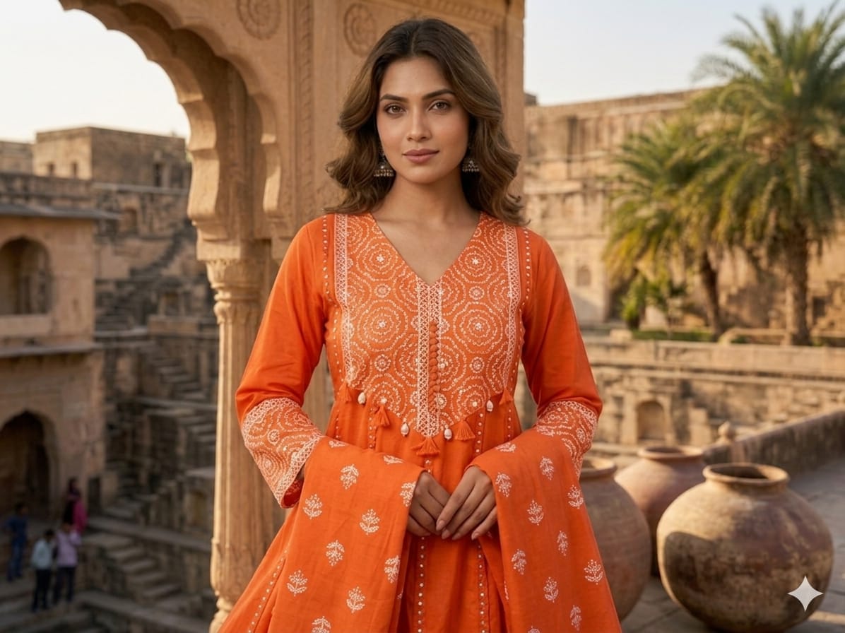 Elegant Printed Cotton Anarkali Kurta Pant Dupatta Set with Sequence Work (AJMD02)