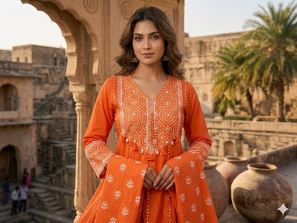 Elegant Printed Cotton Anarkali Kurta Pant Dupatta Set with Sequence Work (AJMD02)