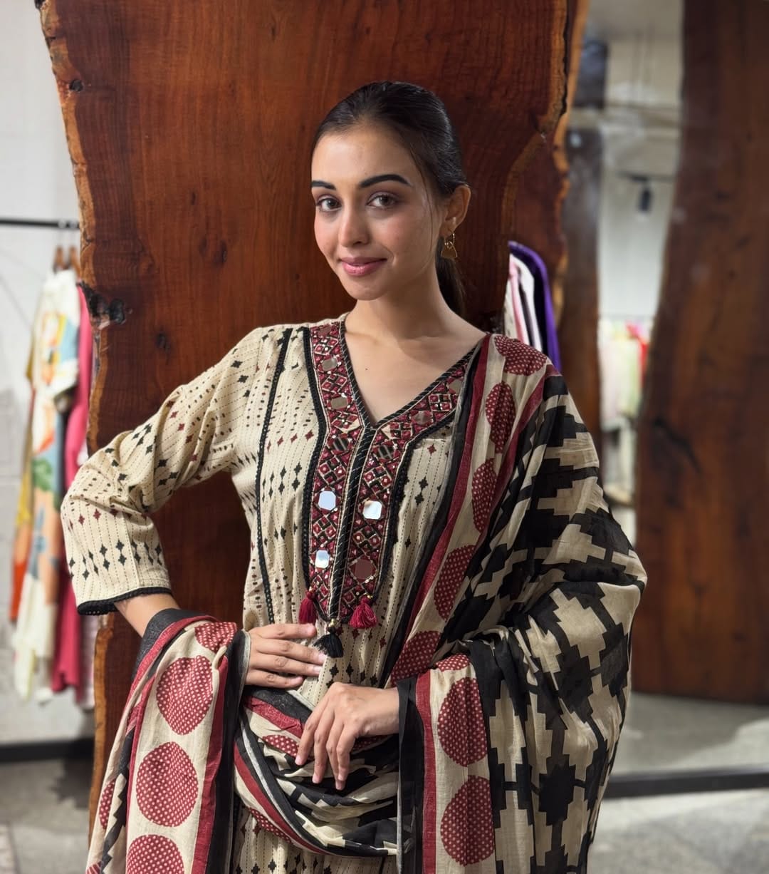 Premium Pure Cotton Printed Embroidered Kurti Pant Dupatta Set for Women (NAMA05)