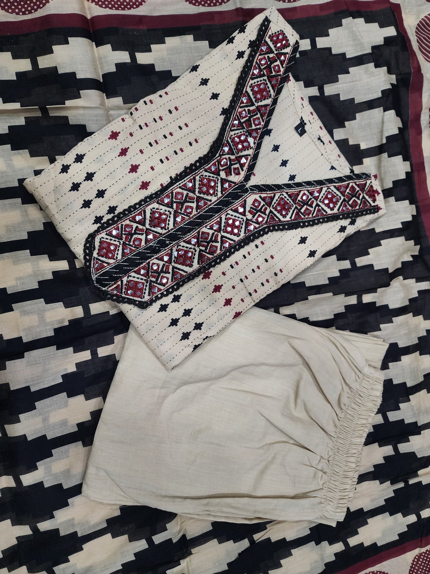 Premium Pure Cotton Printed Embroidered Kurti Pant Dupatta Set for Women (NAMA05)