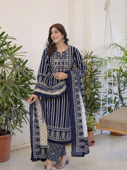 Premium Heavy Cotton Sequence Work Kurti Pant Dupatta Set for Women (AJMD07)