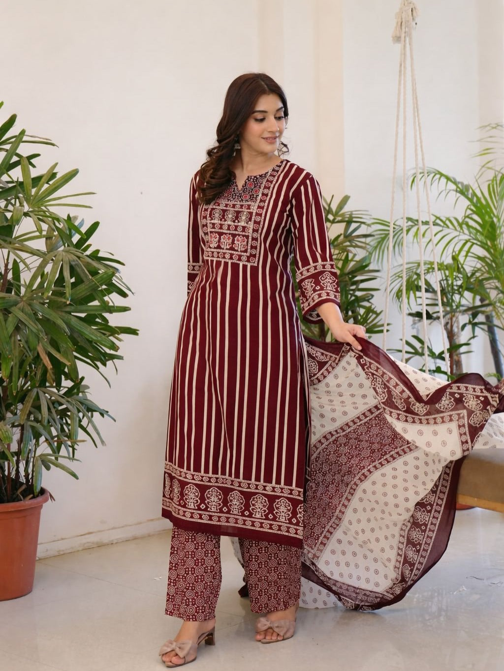 Premium Heavy Cotton Sequence Work Kurti Pant Dupatta Set for Women (AJMD07)