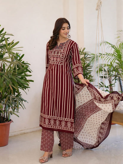 Premium Heavy Cotton Sequence Work Kurti Pant Dupatta Set for Women (AJMD07)
