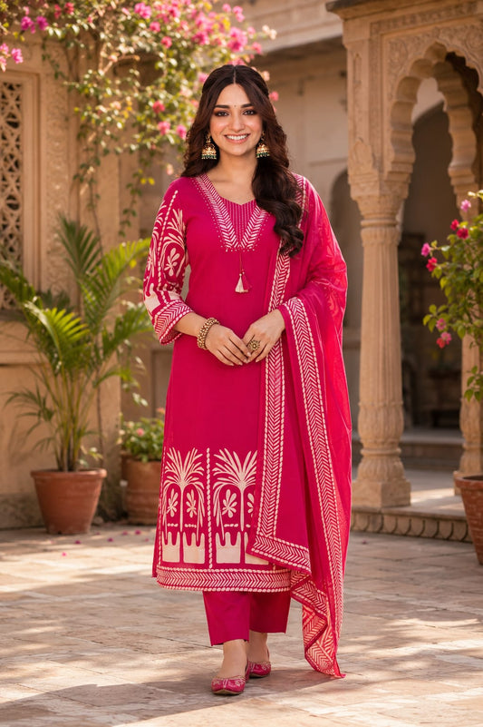 Women's Pure Cotton Kurti Pant Dupatta Set with Handcrafted Neck Design (AJMD06)