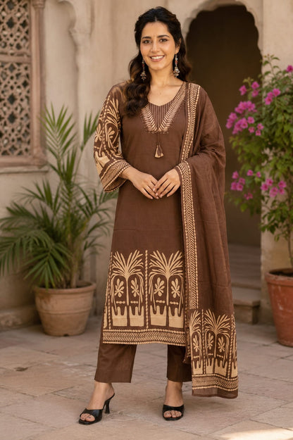 Women's Pure Cotton Kurti Pant Dupatta Set with Handcrafted Neck Design (AJMD06)