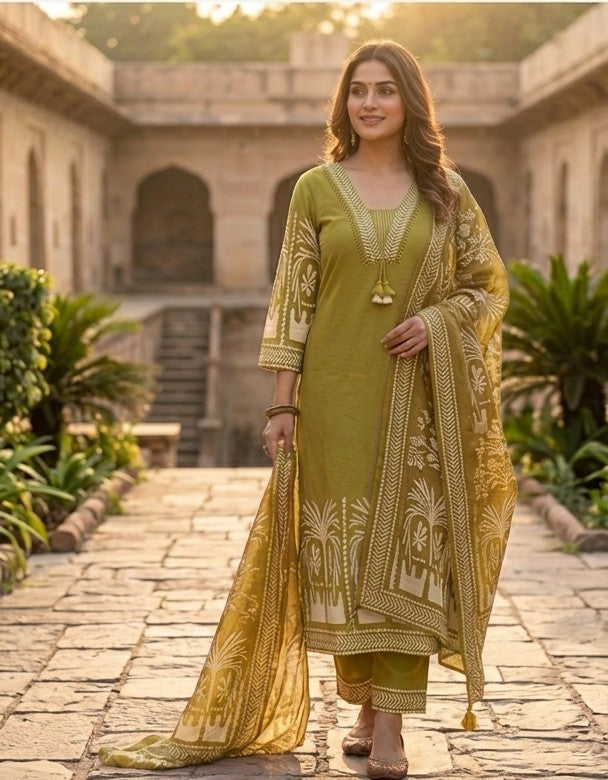 Women's Pure Cotton Kurti Pant Dupatta Set with Handcrafted Neck Design (AJMD06)