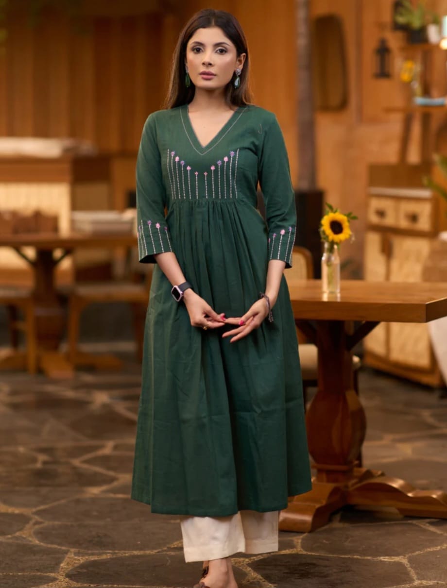 Women's Forest Green Pleated Kurta with Embroidered Yoke Palazzo (HNM02)