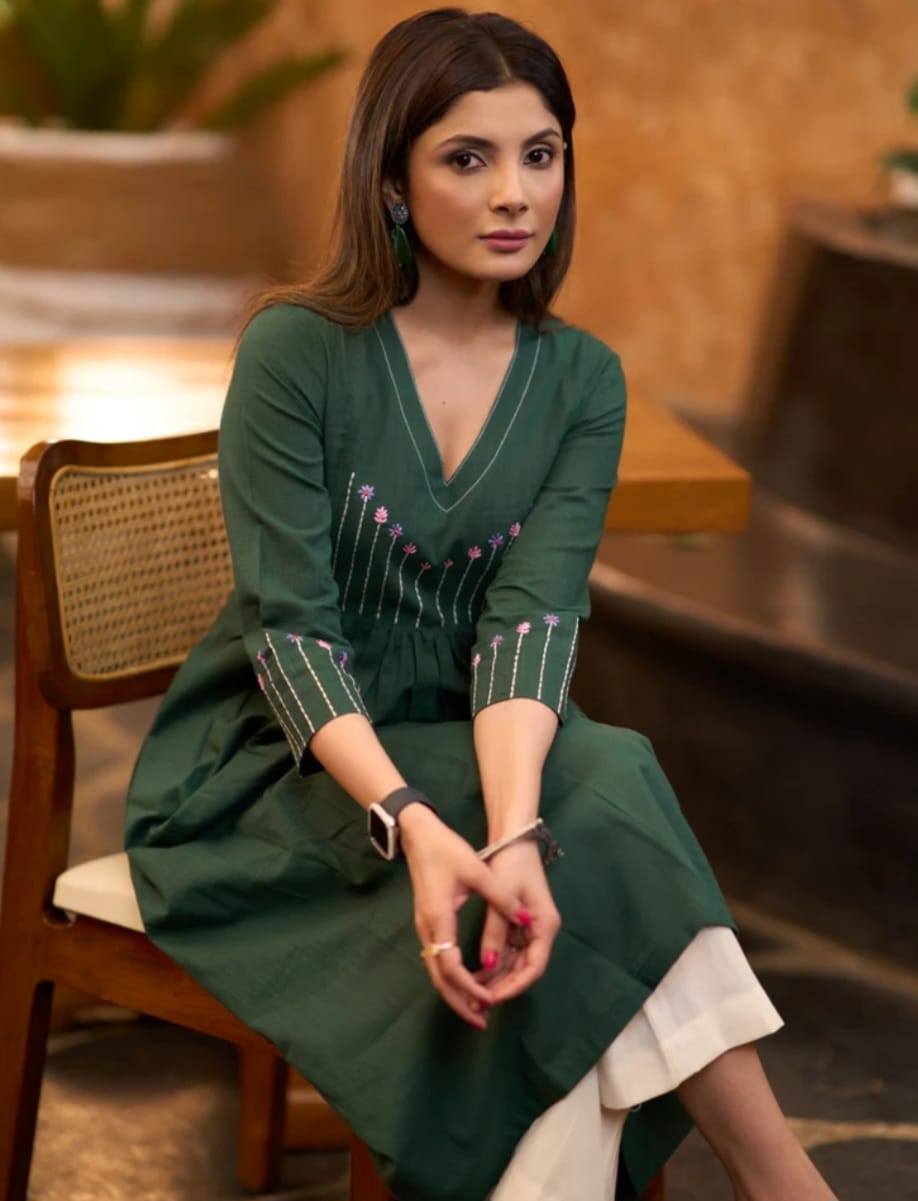 Women's Forest Green Pleated Kurta with Embroidered Yoke Palazzo (HNM02)