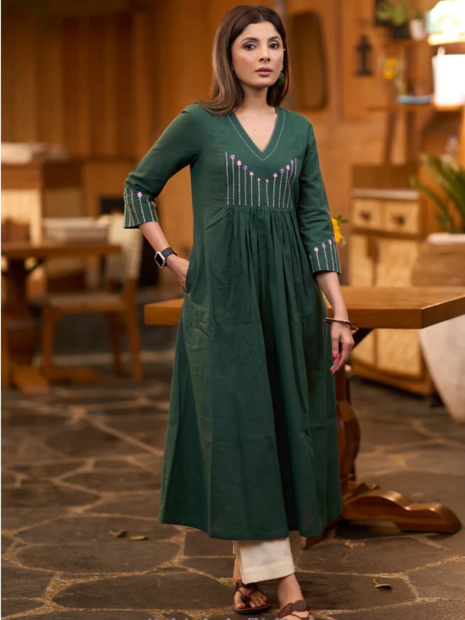 Women's Forest Green Pleated Kurta with Embroidered Yoke Palazzo (HNM02)