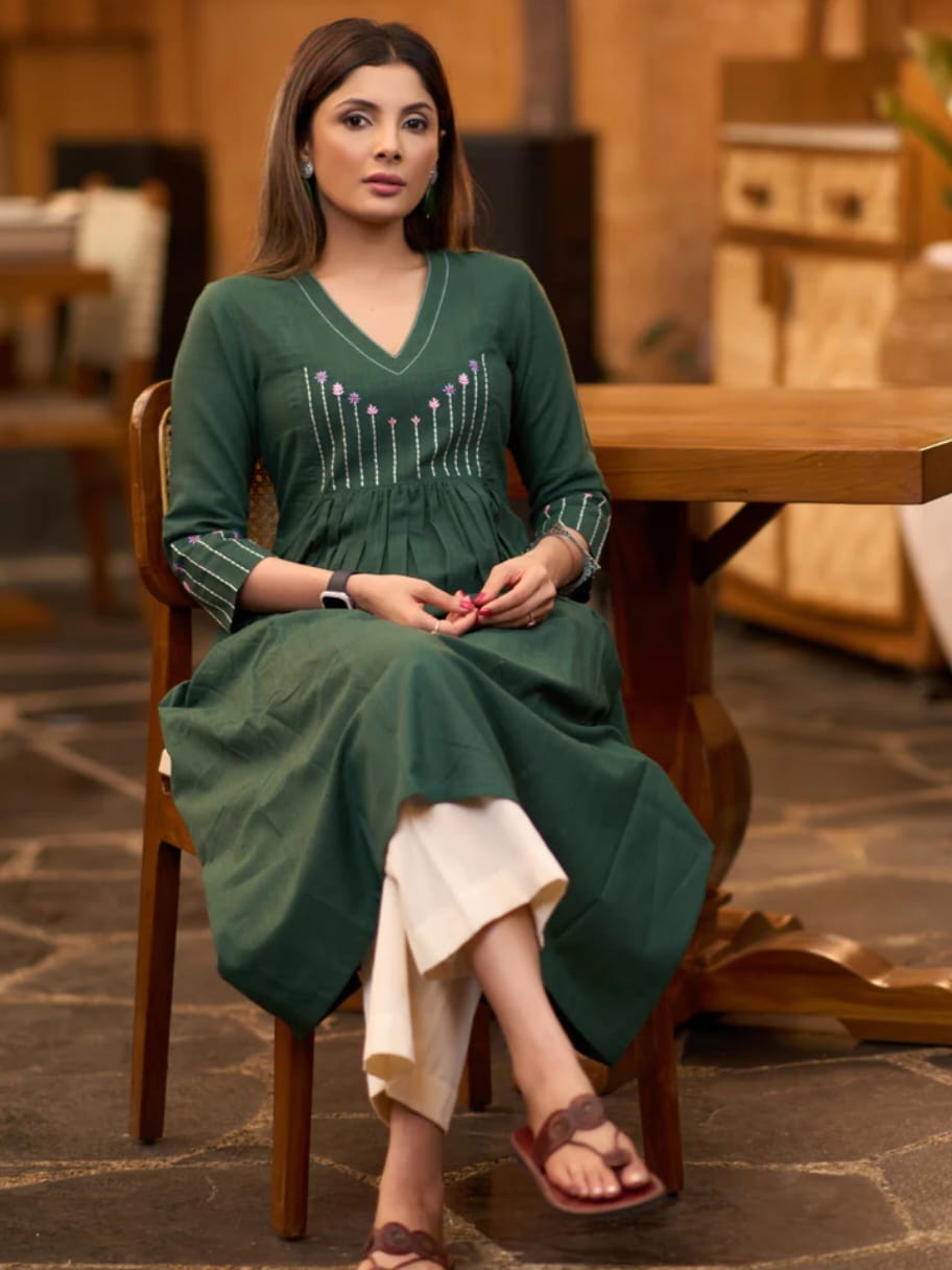 Women's Forest Green Pleated Kurta with Embroidered Yoke Palazzo (HNM02)