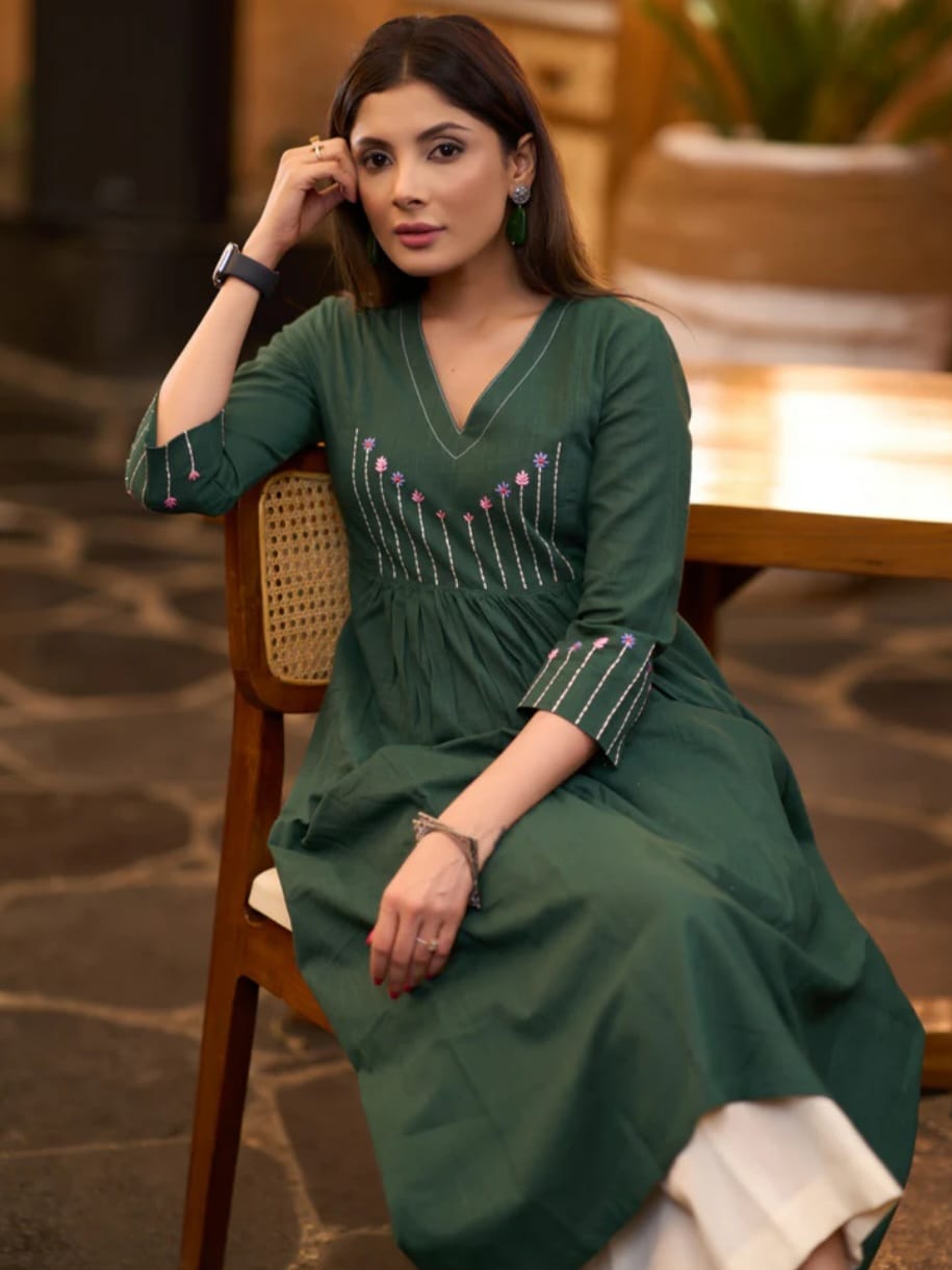 Women's Forest Green Pleated Kurta with Embroidered Yoke Palazzo (HNM02)