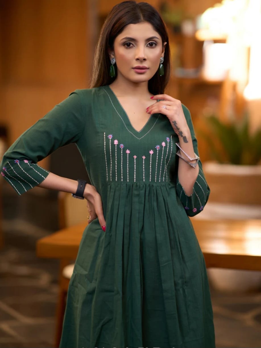 Women's Forest Green Pleated Kurta with Embroidered Yoke Palazzo (HNM02)