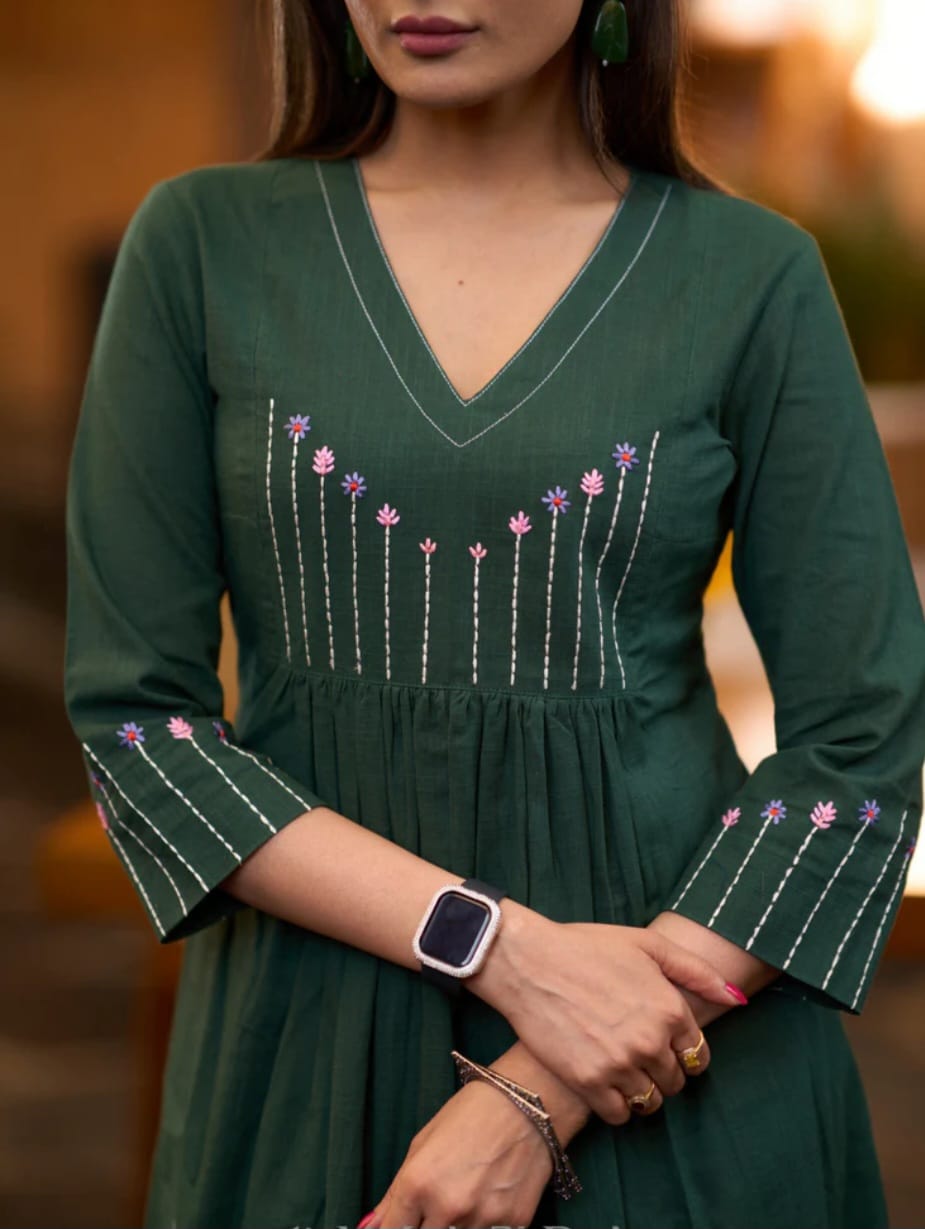 Women's Forest Green Pleated Kurta with Embroidered Yoke Palazzo (HNM02)