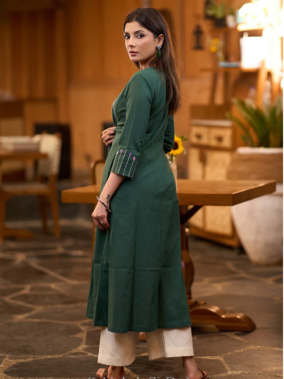 Women's Forest Green Pleated Kurta with Embroidered Yoke Palazzo (HNM02)