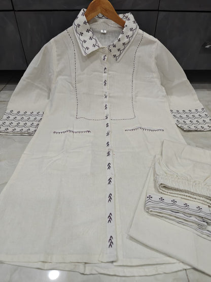 Premium Cotton Flex Embroidered Kurta Palazzo Set with Front Pockets (HNM01)