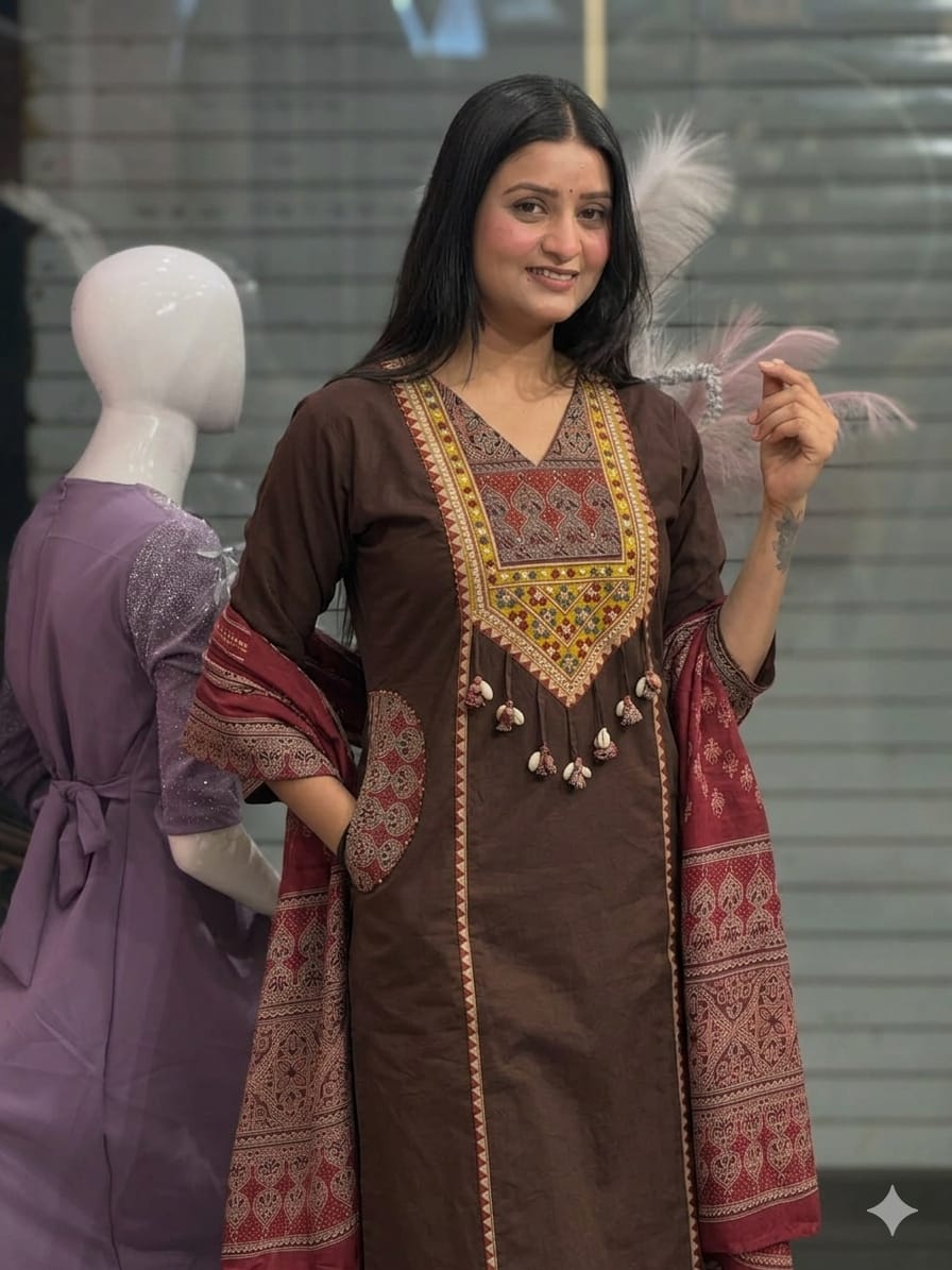 Women's Pure Cotton Embroidery Yoke Kurti Pant Set with Cotton Dupatta & Both Side Pockets (AJMD020)