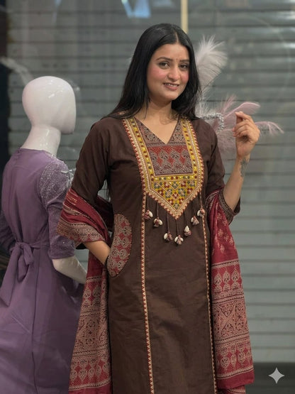 Women's Pure Cotton Embroidery Yoke Kurti Pant Set with Cotton Dupatta & Both Side Pockets (AJMD020)