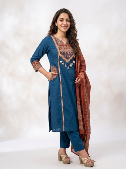 Women's Pure Cotton Embroidery Yoke Kurti Pant Set with Cotton Dupatta & Both Side Pockets (AJMD020)