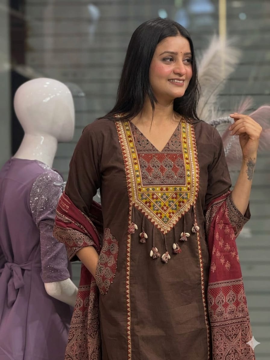 Women's Pure Cotton Embroidery Yoke Kurti Pant Set with Cotton Dupatta & Both Side Pockets (AJMD020)
