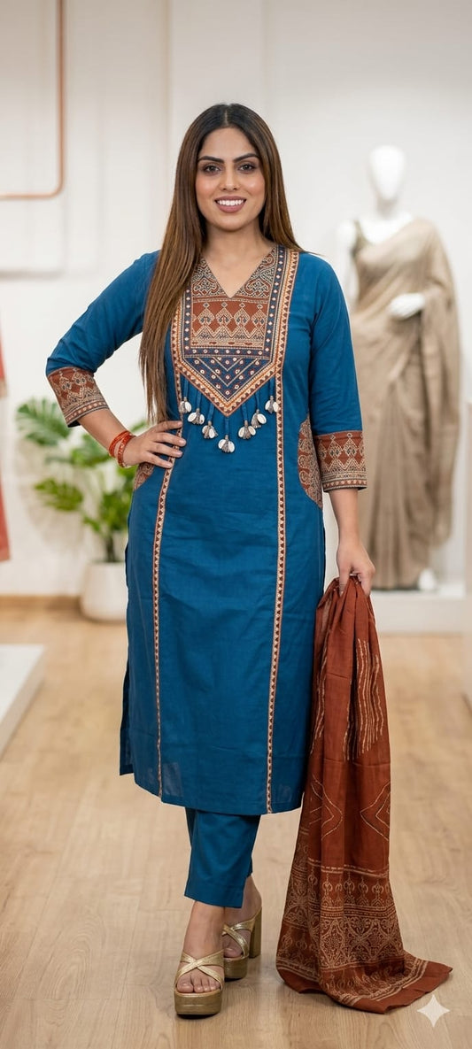 Women's Pure Cotton Embroidery Yoke Kurti Pant Set with Cotton Dupatta & Both Side Pockets