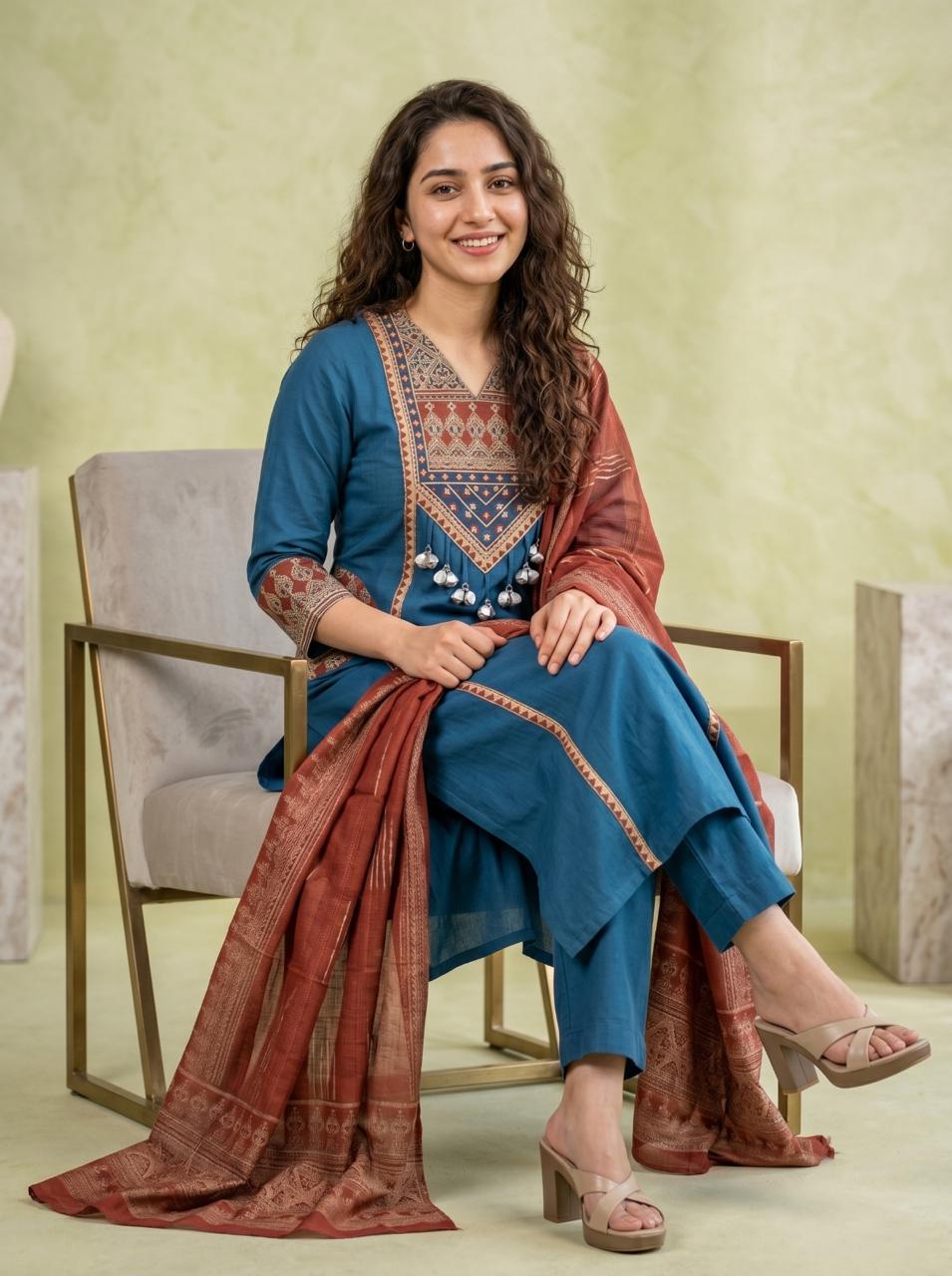 Women's Pure Cotton Embroidery Yoke Kurti Pant Set with Cotton Dupatta & Both Side Pockets (AJMD020)