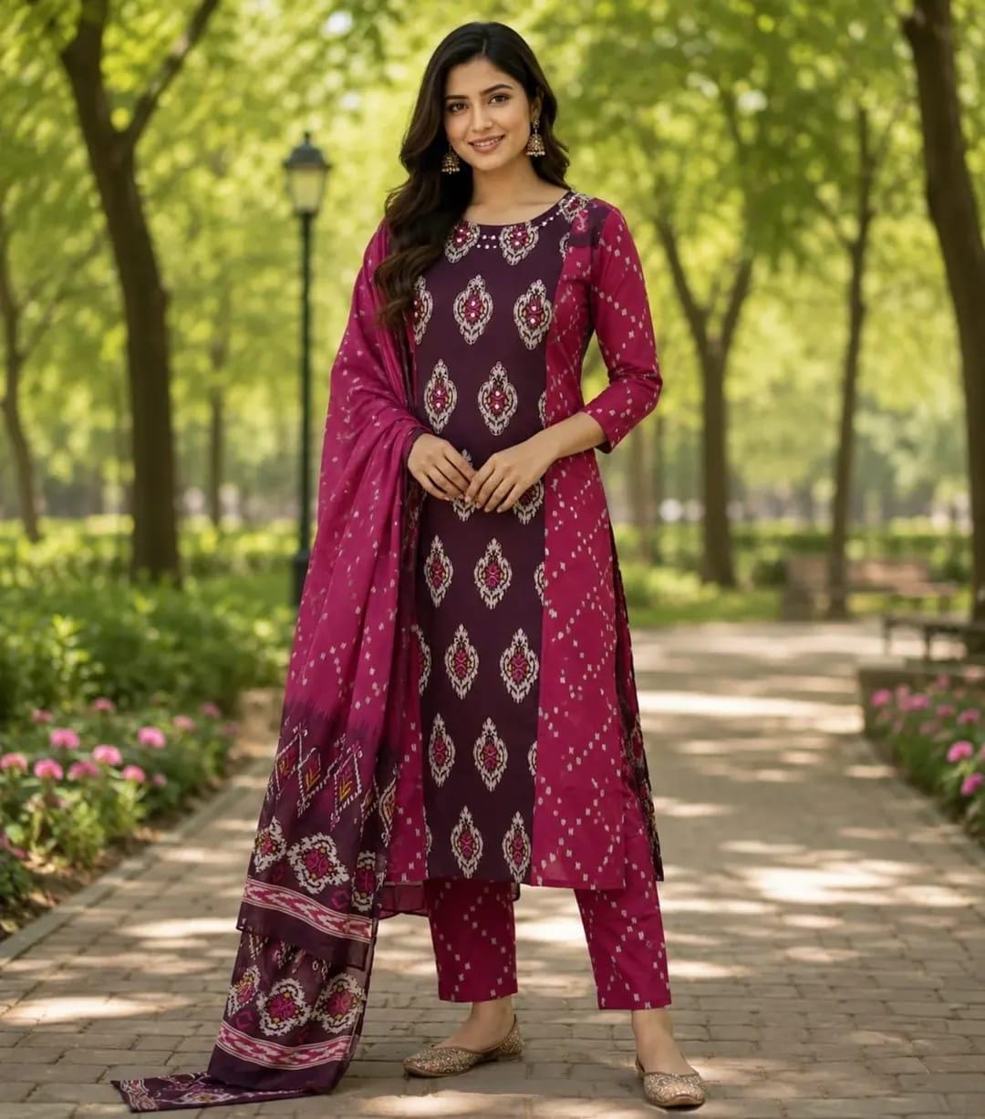 Heavy Cotton Hand Work Kurti Pant Set with Cotton Dupatta (daz01)