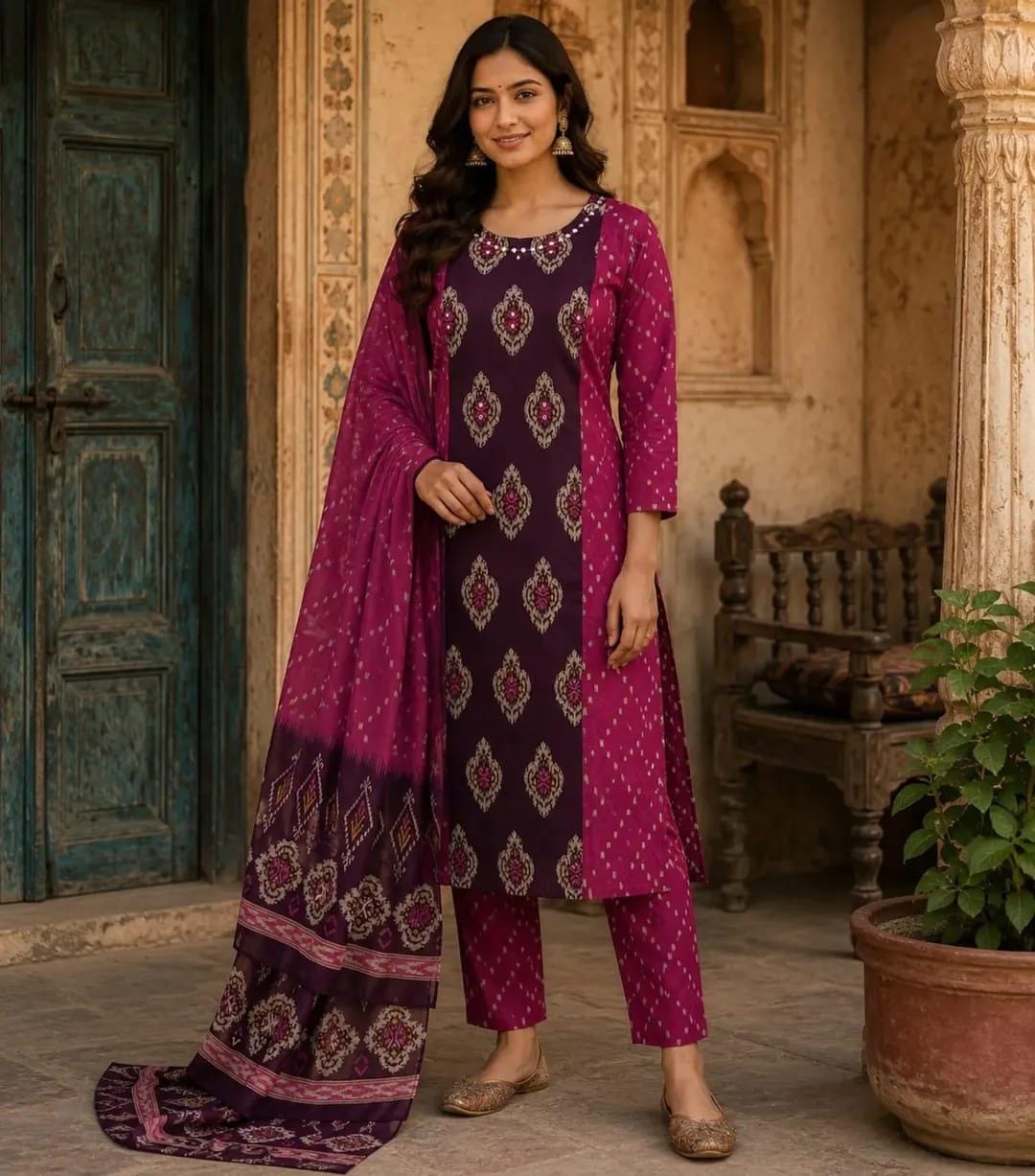 Heavy Cotton Hand Work Kurti Pant Set with Cotton Dupatta (daz01)