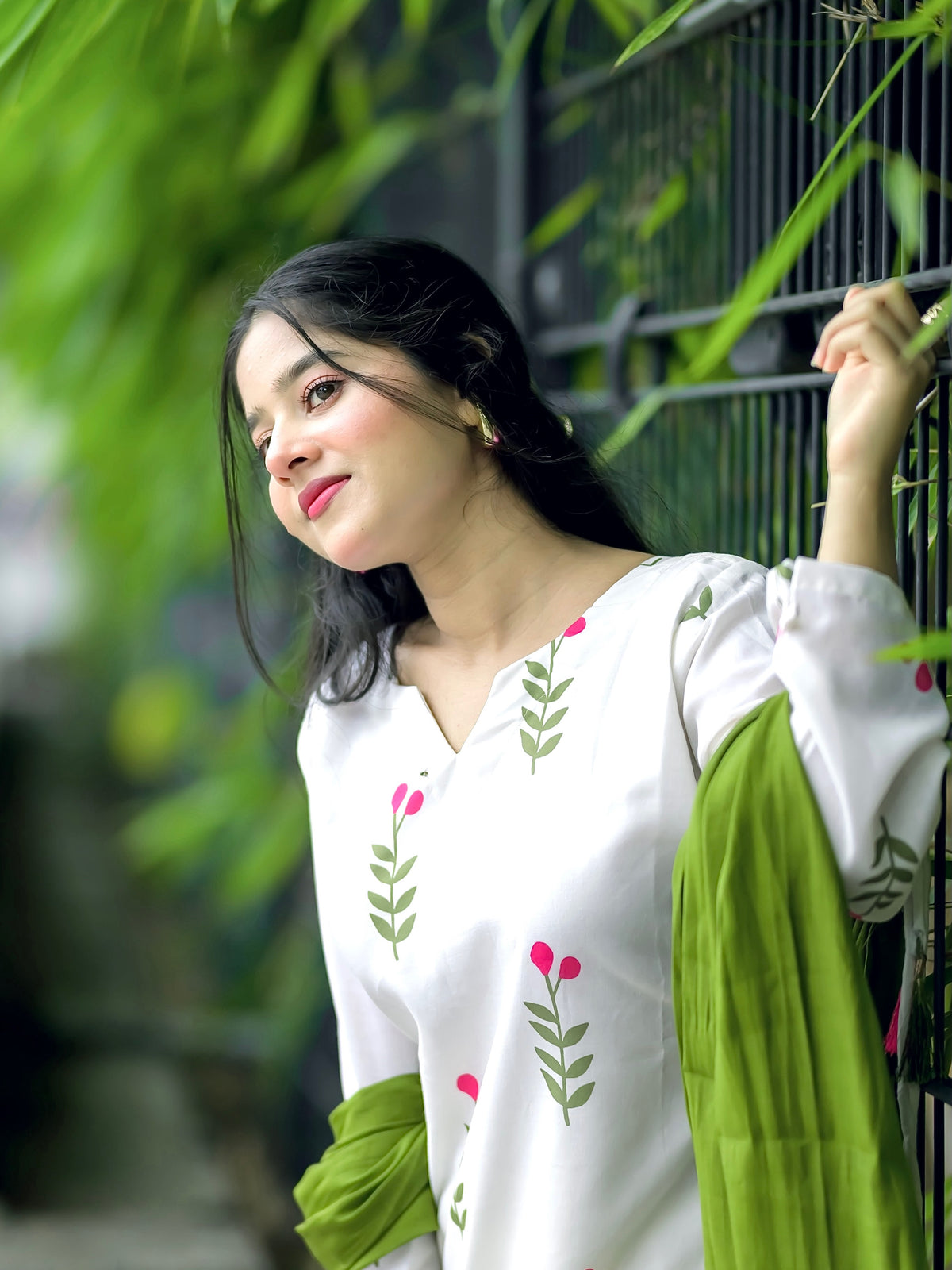 White Floral Cotton Kurta Set with Pant & Dupatta for Women