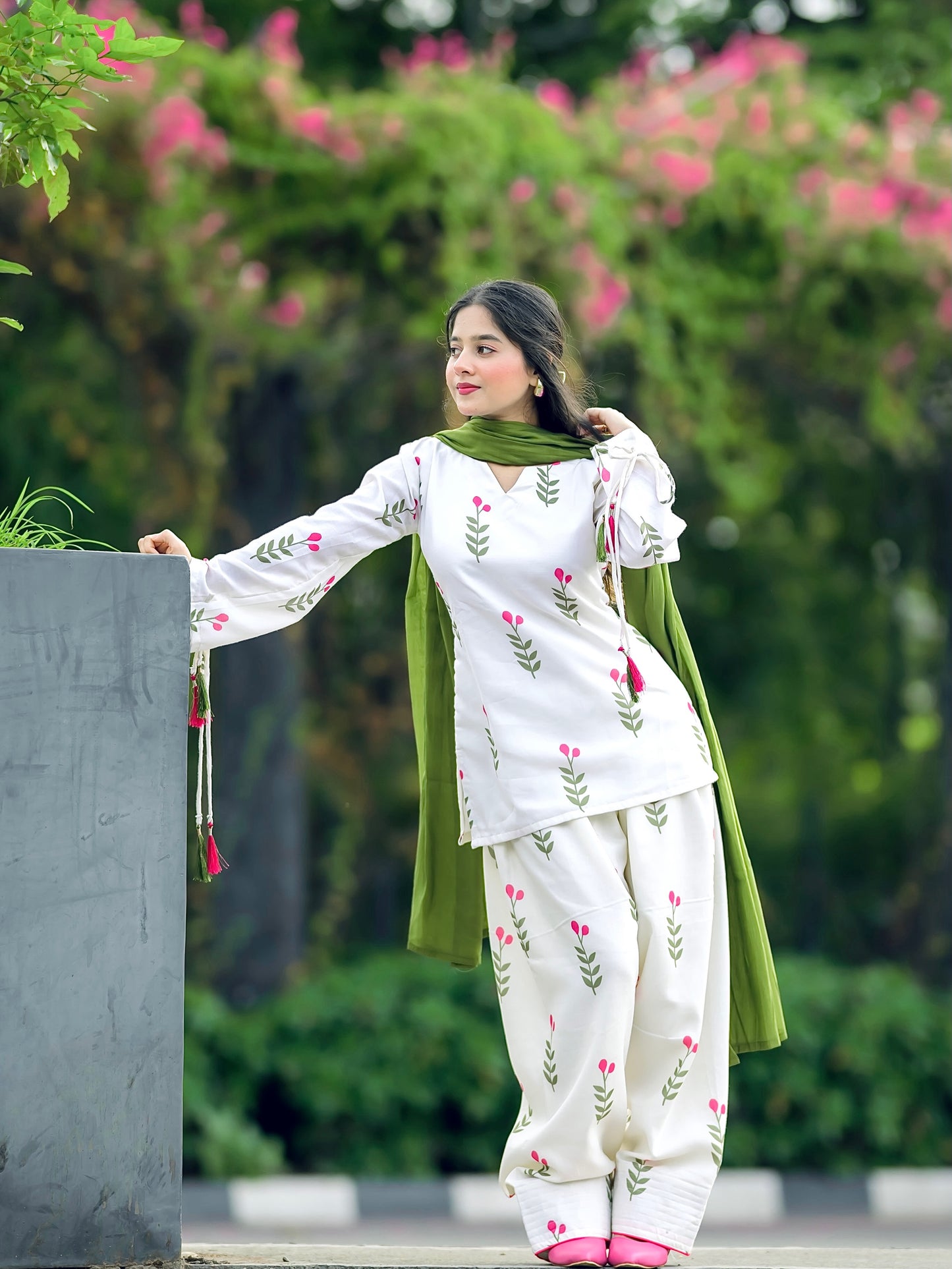 White Floral Cotton Kurta Set with Pant & Dupatta for Women