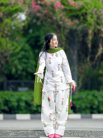 White Floral Cotton Kurta Set with Pant & Dupatta for Women